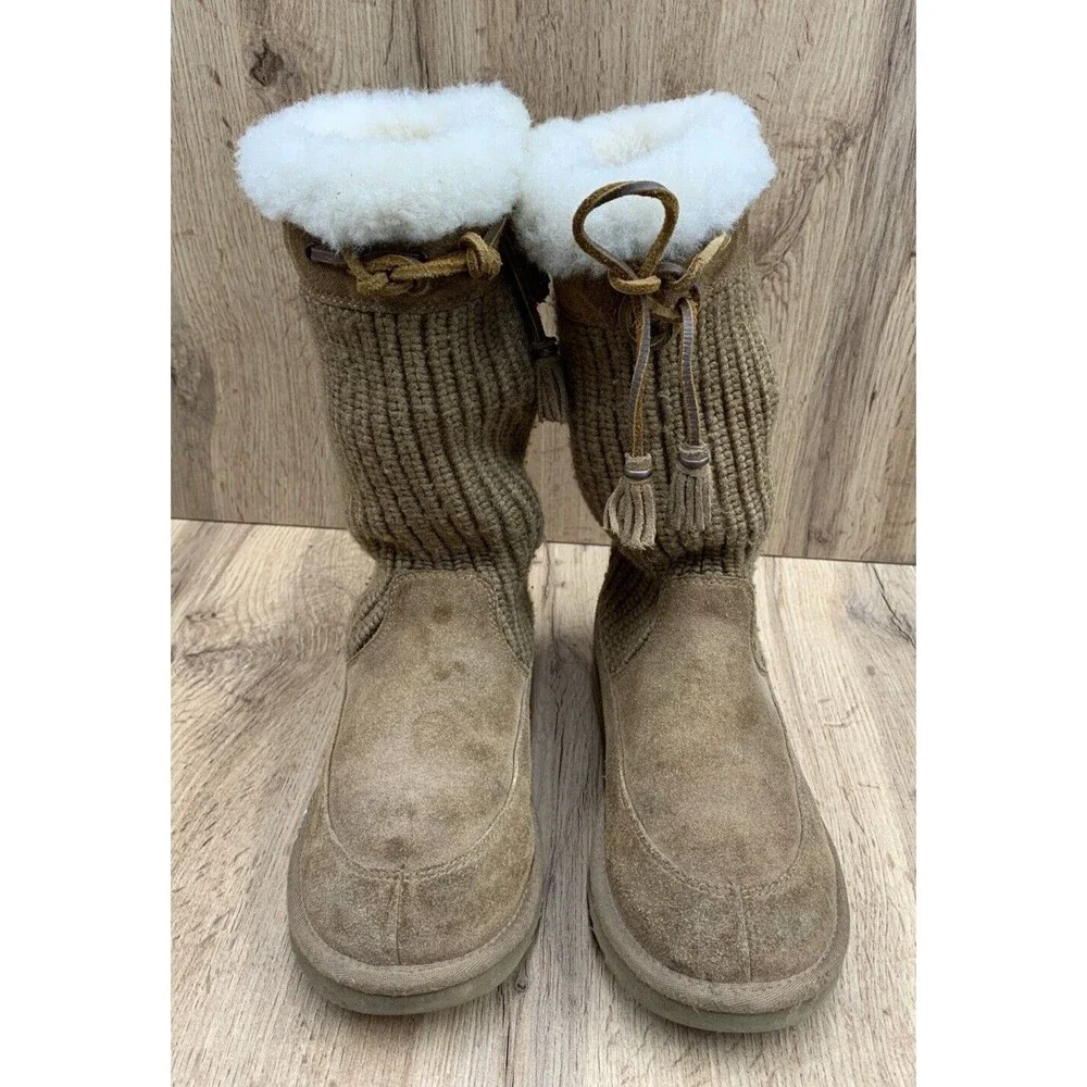 UGG AUSTRALIA Sock Boots Girls 3 Brown Suede Leather & Textile Fur String 5921